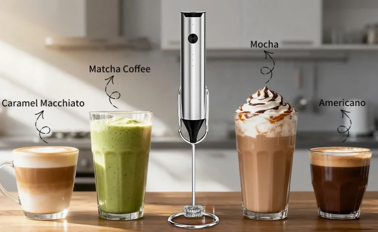 Electric frother for mixing matcha and other café-style drinks.
