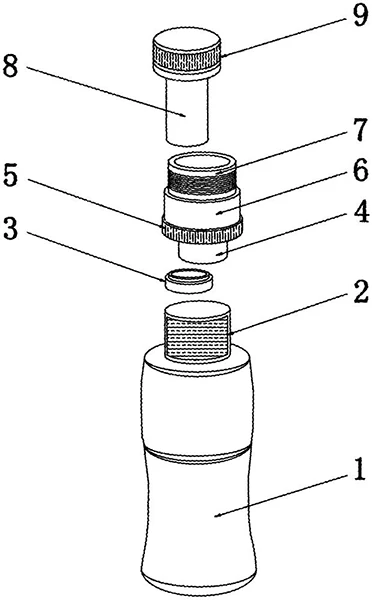 Exploded view of a bottle cap assembly for holding matcha powder and attaching to a drink bottle.