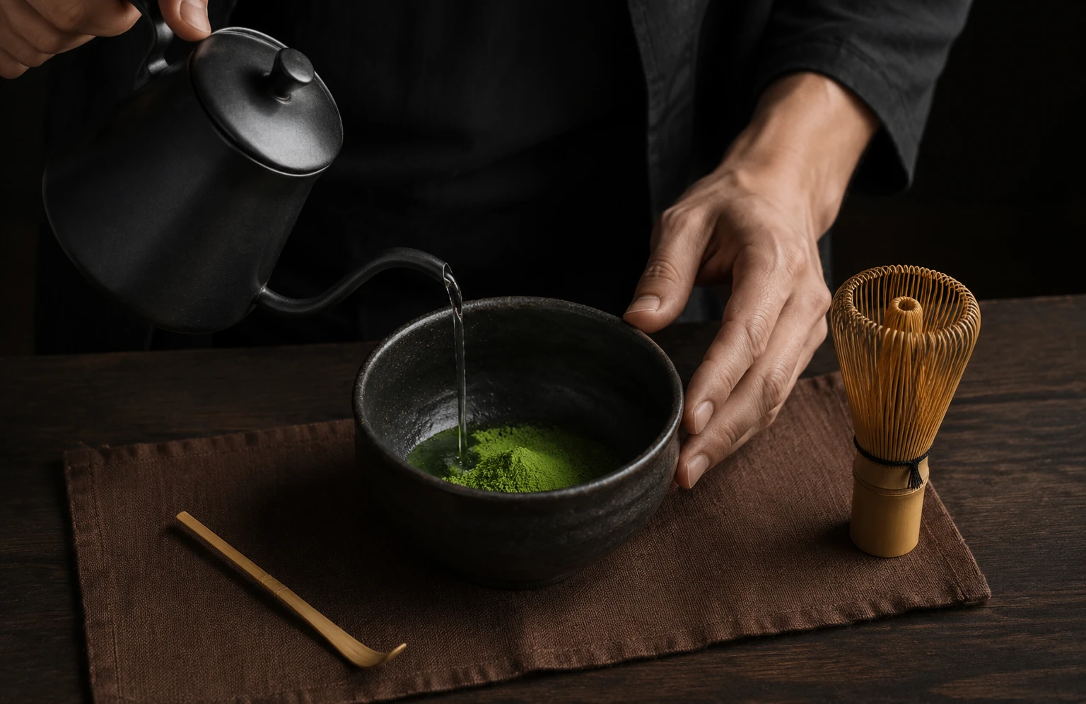 Hot water being poured into sifted matcha powder beside a bamboo whisk.