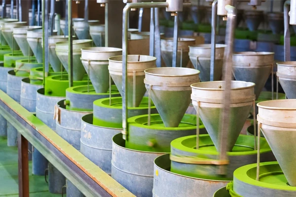 Rows of matcha grinding mills in an industrial production line.