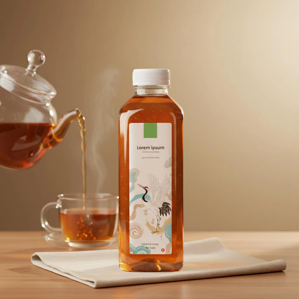 Ready-to-drink bottled tea being poured into a glass.