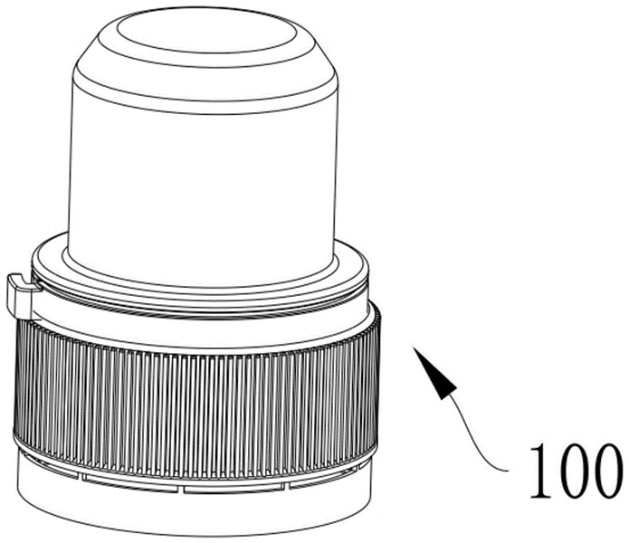 Technical drawing of a matcha powder bottle cap designed for portable beverage mixing.