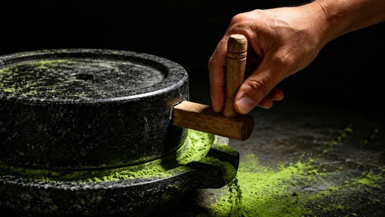 Traditional stone mill grinding fine matcha powder by hand.