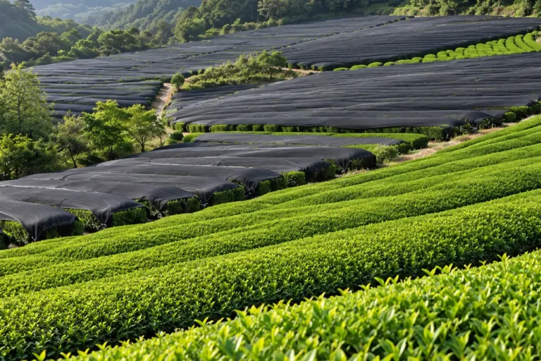 Rows of neatly pruned tea plants with black shade nets in a matcha tea garden.