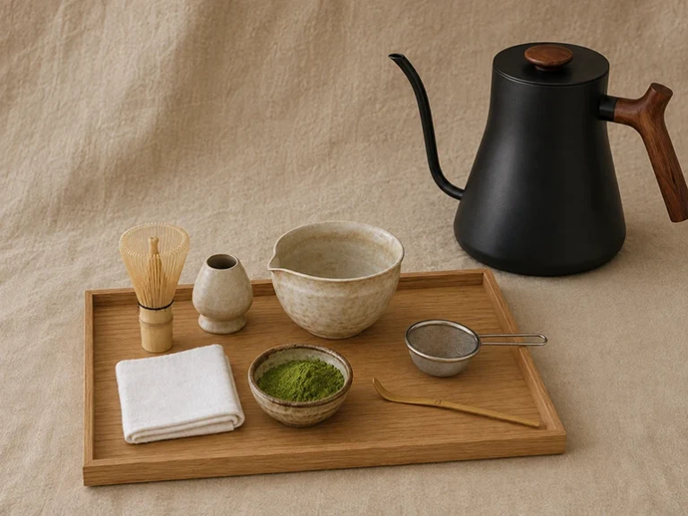 Matcha powder, bamboo whisk, bowl, sifter, scoop, and tea towel arranged beside a black gooseneck kettle.
