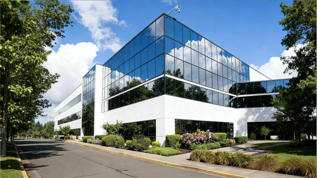 Modern glass-front office building surrounded by trees, concept image for Switea company headquarters.