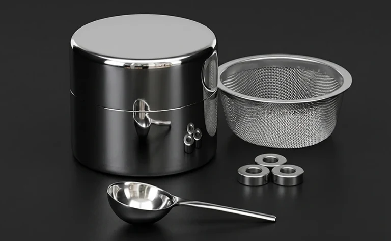 Stainless steel matcha sifter set with a fine mesh basket and measuring scoop.