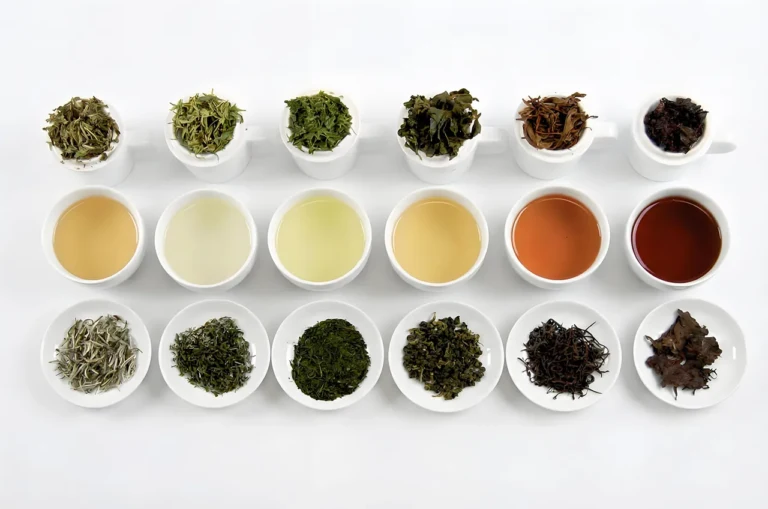 Color variations in tea liquor across green tea, oolong tea and black tea beverages during storage.