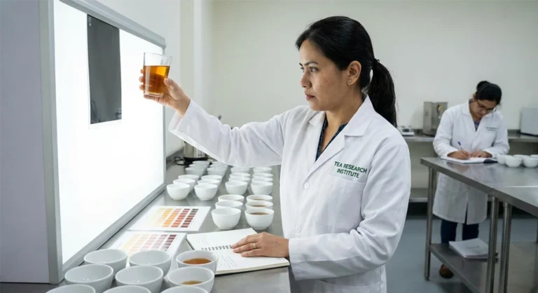Researcher evaluating tea liquor color during sensory assessment in a tea laboratory