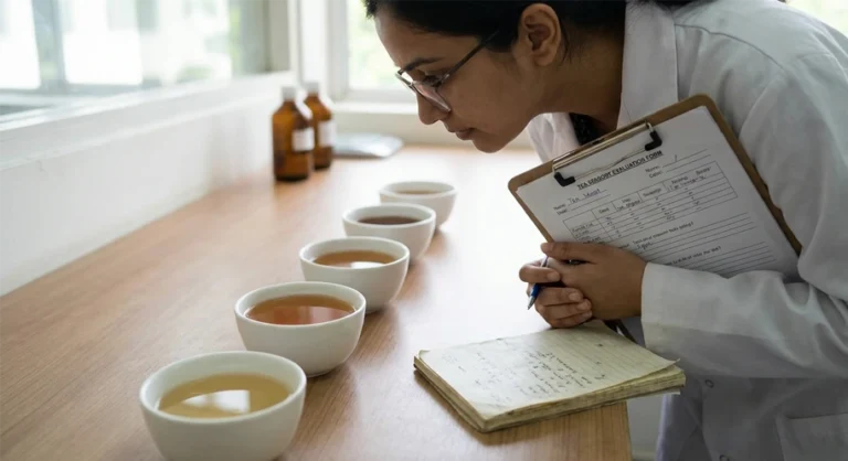 Researcher evaluating tea samples for sensory balance during tea beverage development