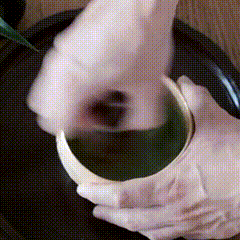 Whisking matcha quickly back and forth with a bamboo whisk.